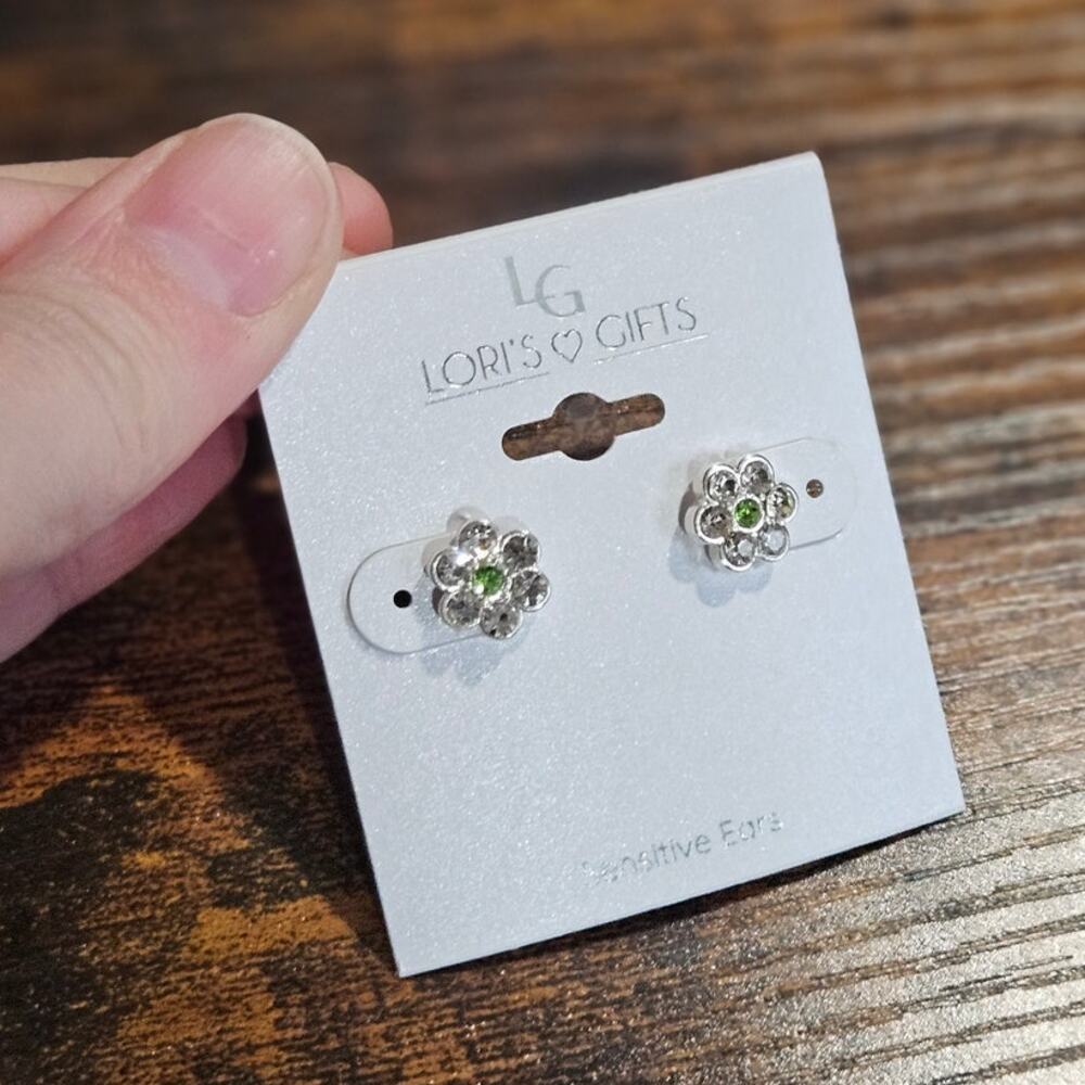 Lori's Gifts Silver-Tone Clear Rhinestone Floral Stud Earrings ~ Senstive Ears